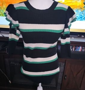 Striped Ruffle Sleeve Sweater - Black, Green, White